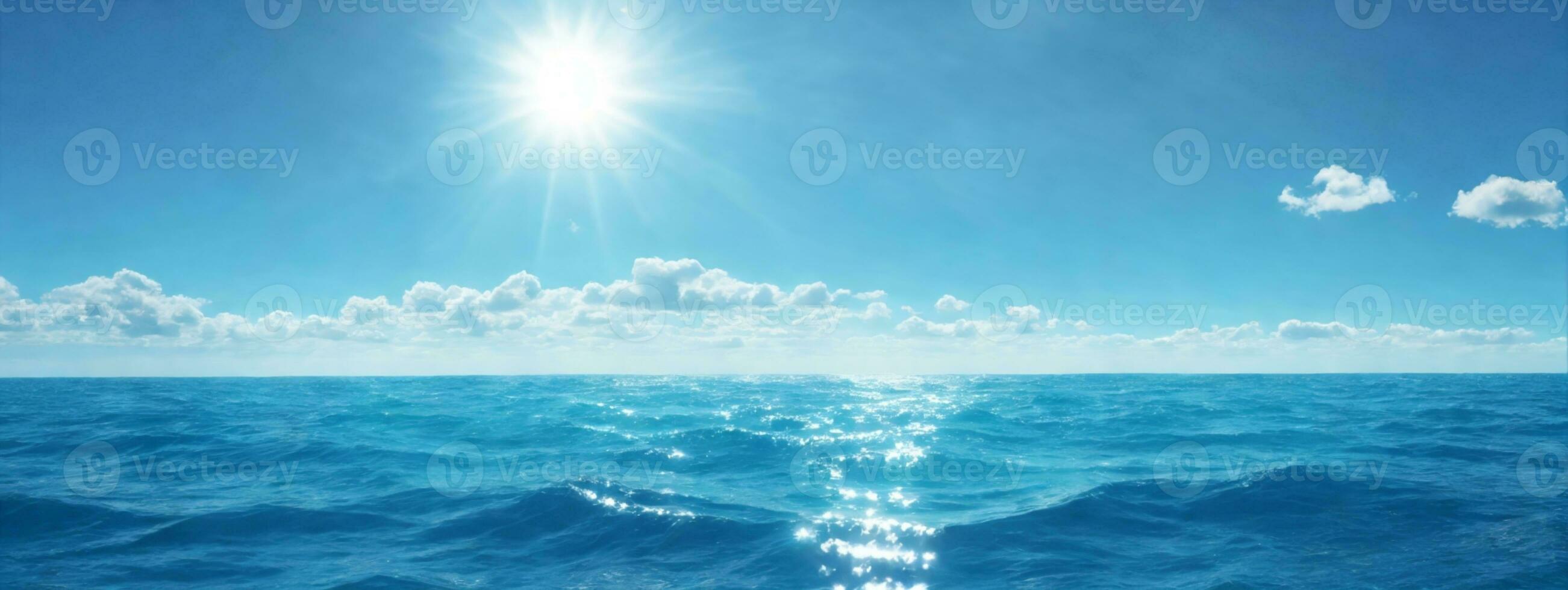 Blue ocean panorama with sun reflection, The vast open sea with clear sky, Ripple wave and calm sea with beautiful sunlight. AI generated photo