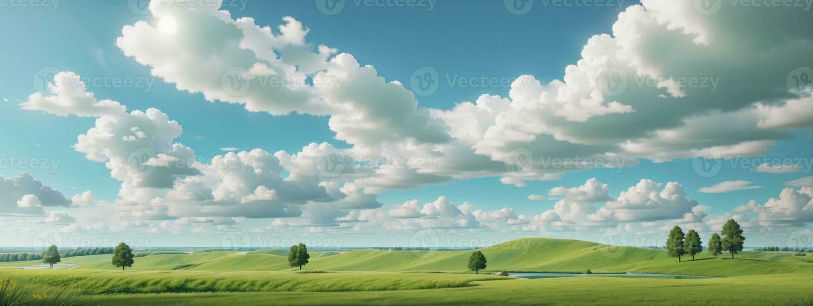 russia summer landscape - green fileds, the blue sky and white clouds. AI generated photo