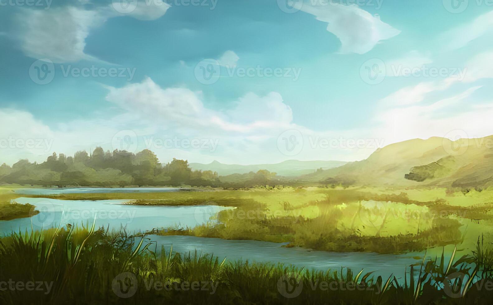 landscape with lake and clouds, photo