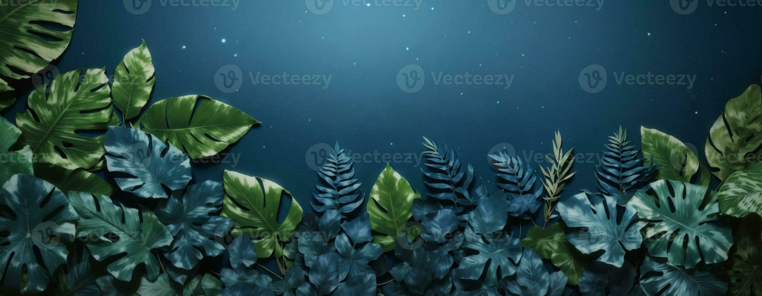 Collection of tropical leaves,foliage plant in blue color with space background. AI generated photo