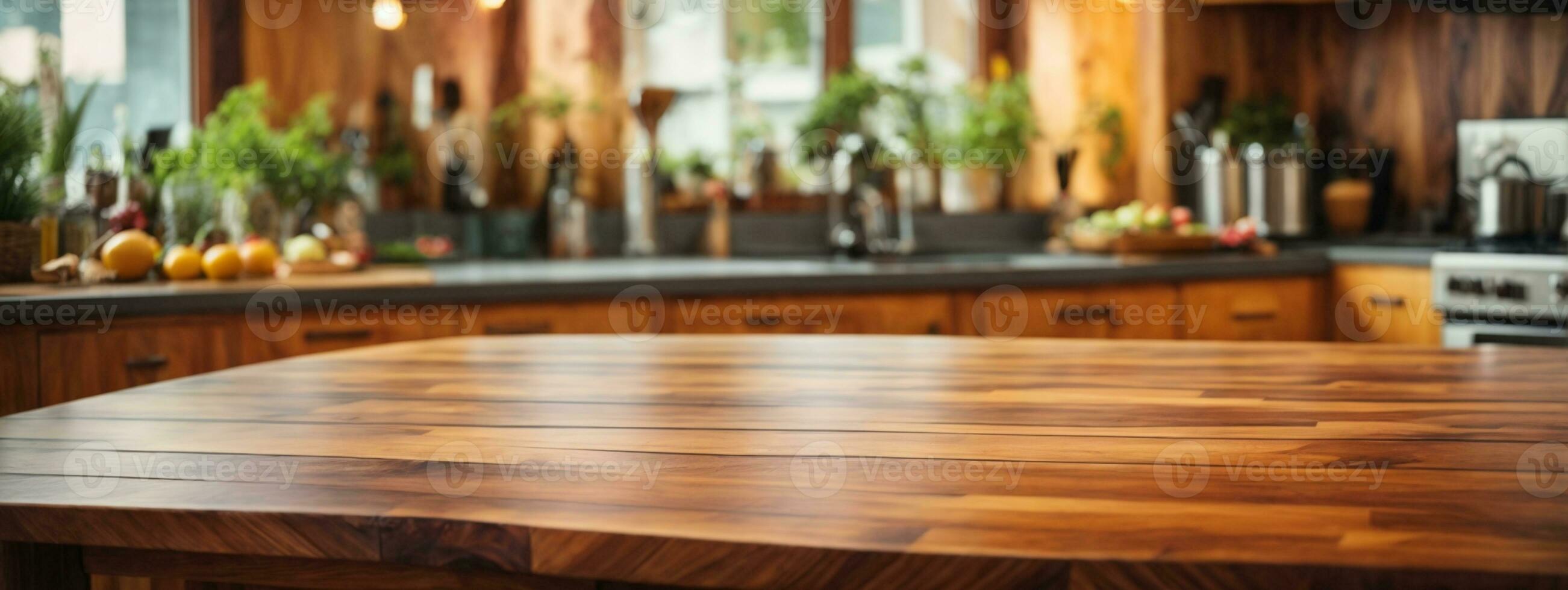 Wood table top on blur kitchen counter roombackground.. AI generated photo