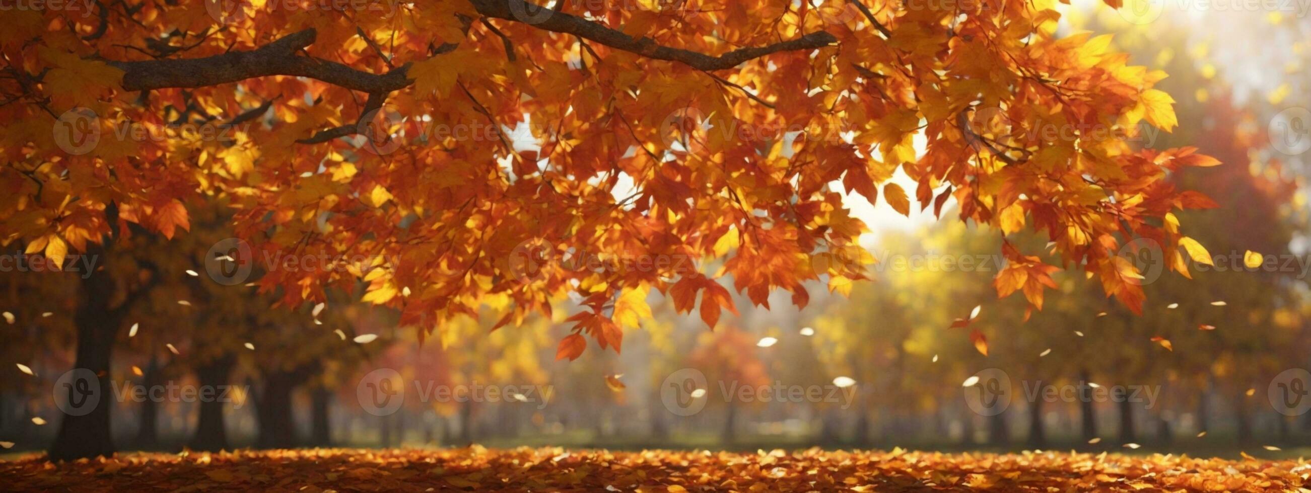 Autumn colorful bright leaves swinging in a tree in autumnal park. Autumn colorful background, fall backdrop. AI generated photo