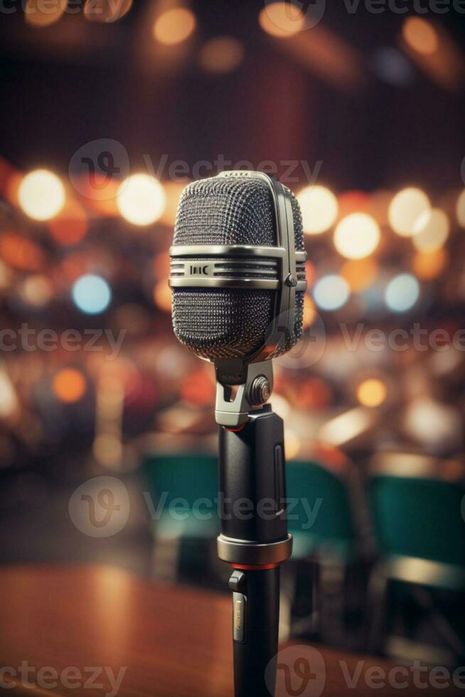 Retro microphone on stage. AI generated photo