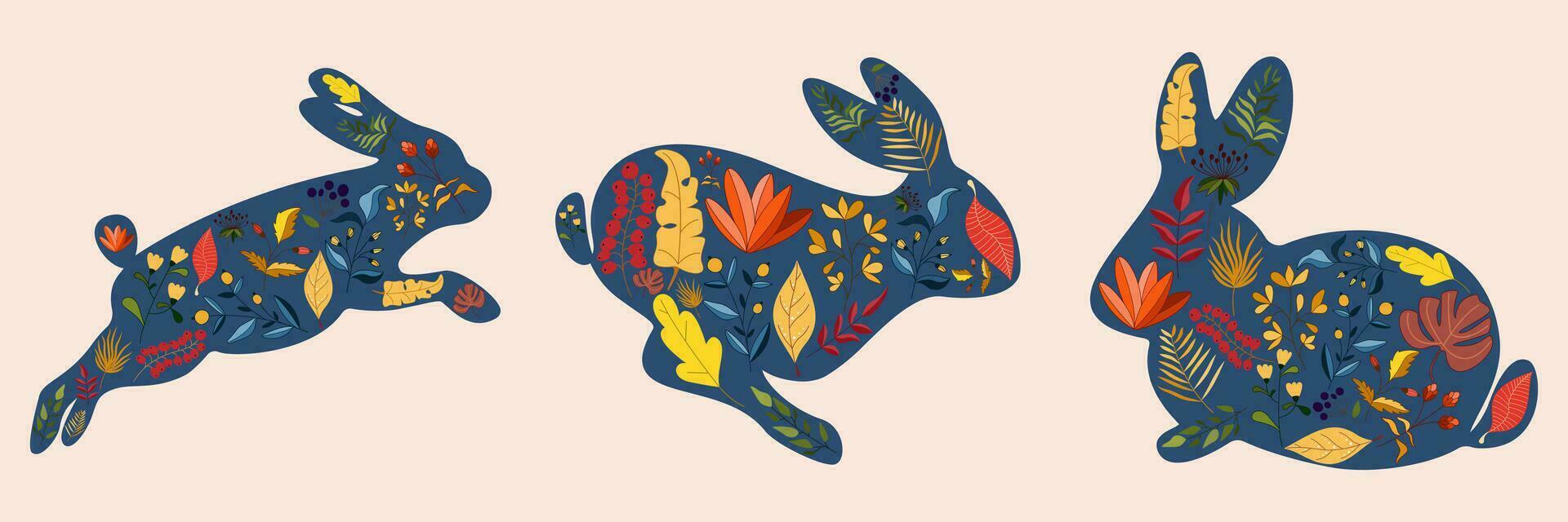 Rabbits character design set with beautiful blossom flowers for Spring, Easter. Autumn Festival or Chinese New Year 2023, year of the Rabbit zodiac sign. Vector illustration.