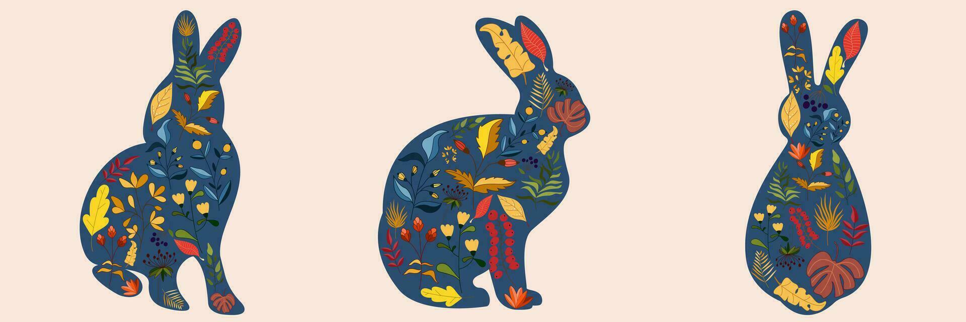 Rabbits character design set with beautiful blossom flowers for Spring, Easter. Autumn Festival or Chinese New Year 2023, year of the Rabbit zodiac sign. Vector illustration.
