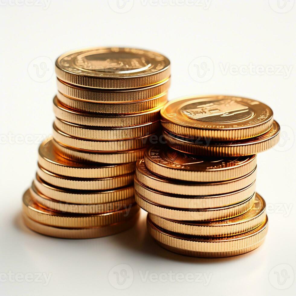 Stacks of gold coins on white background. Shallow dof. Generative AI photo