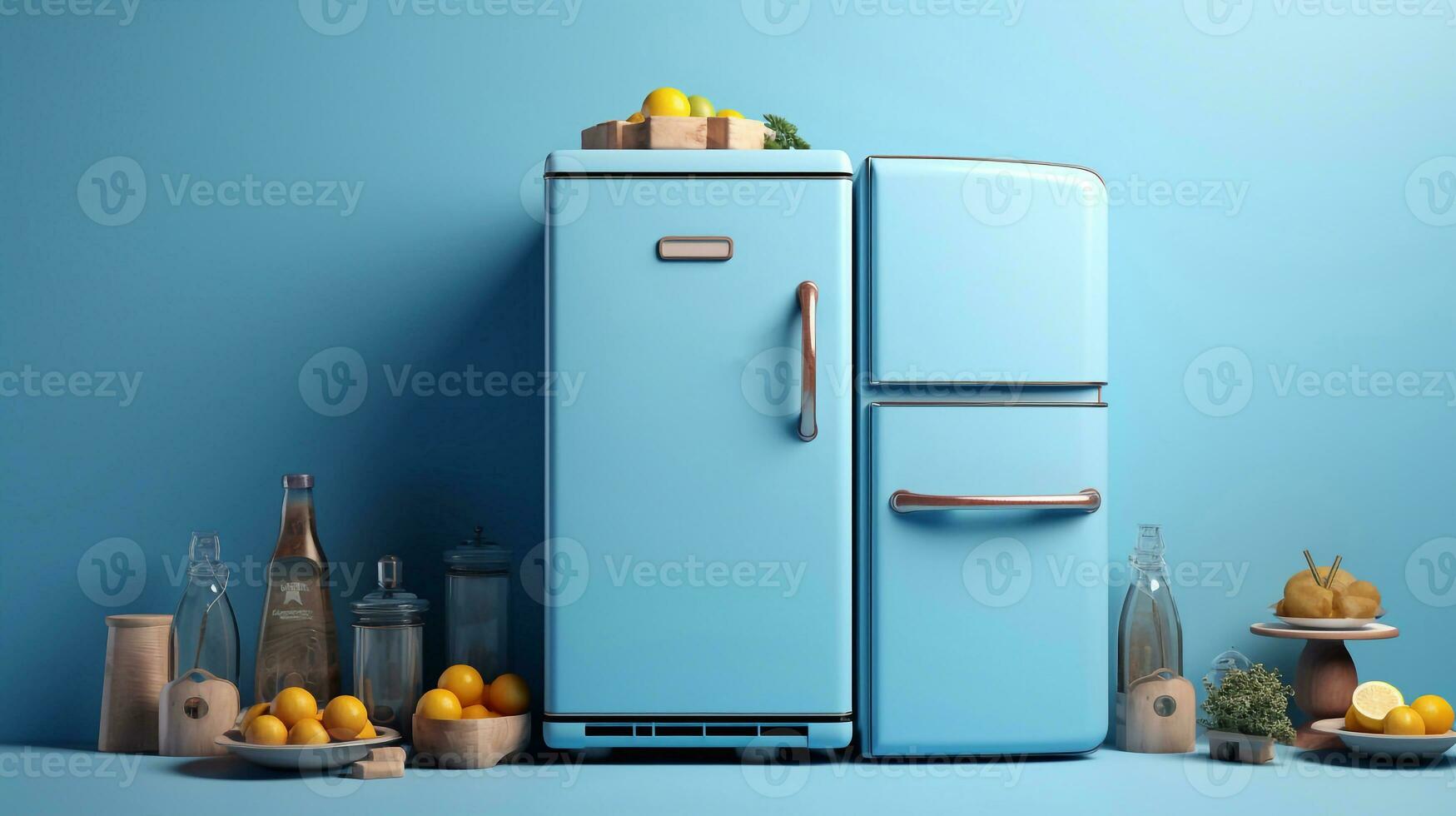 representación de un azul refrigerador con Fresco frutas y vegetales en un azul antecedentes generativo ai foto