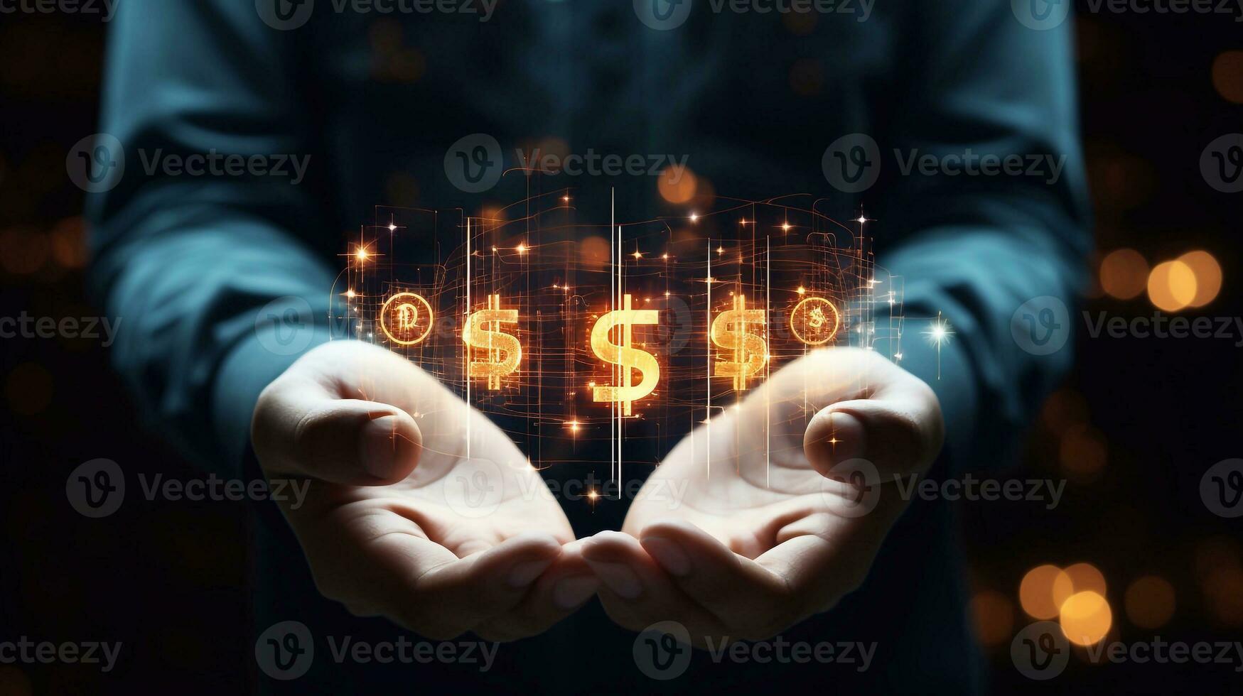 Close up of businessman holding glowing light dollar coins. Idea and innovation concept Generative AI photo