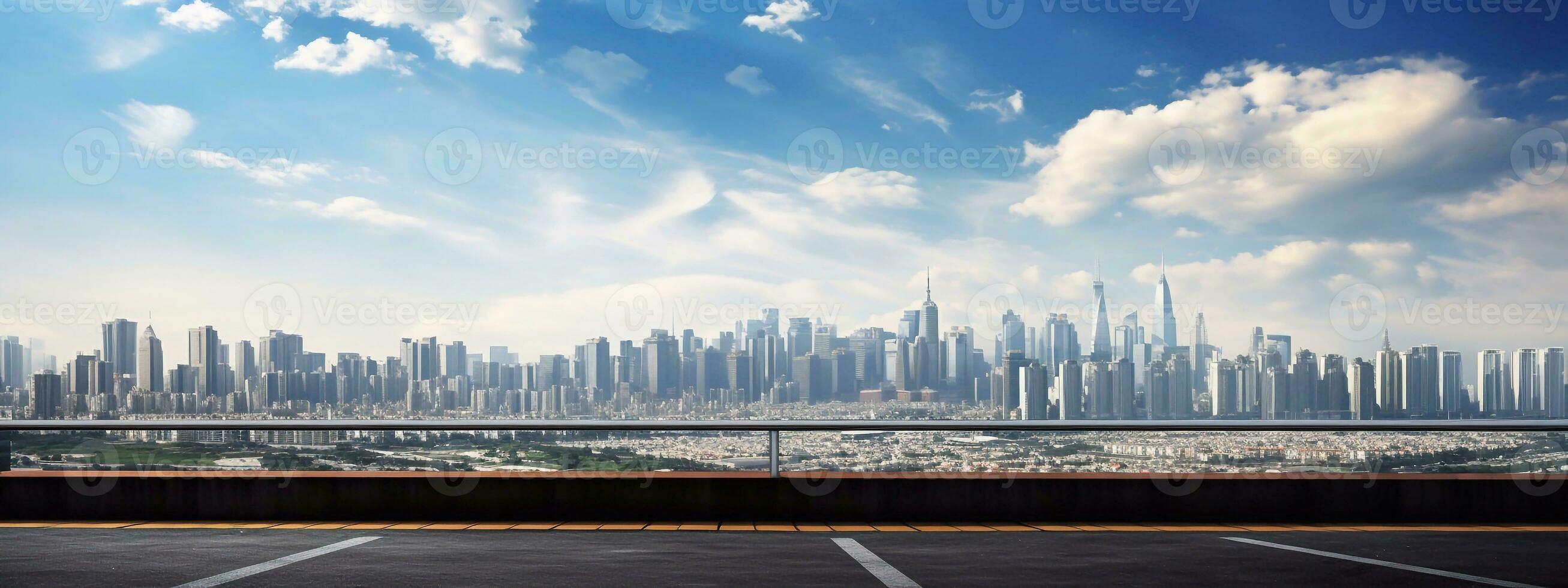 vacío asfalto la carretera y moderno ciudad horizonte panorama en llevar a la fuerza generativo ai foto