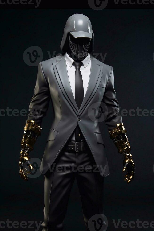 Funny man in a suit and mask with gloves on a dark background. Generative AI photo