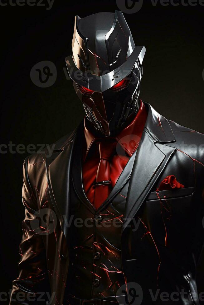 Futuristic man in a black suit and mask on a black background Generative AI photo
