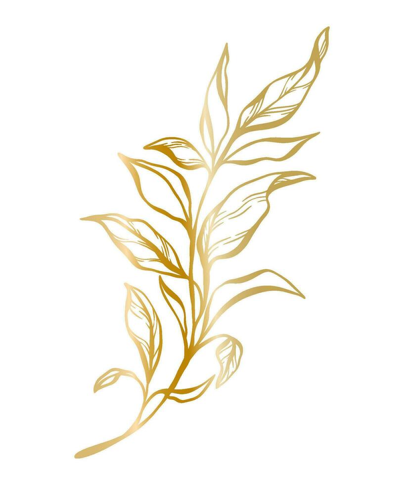 Botanical golden illustration of a leaves branch for wedding invitation and cards, logo design, web, social media and posters template. Elegant minimal style floral vector isolated