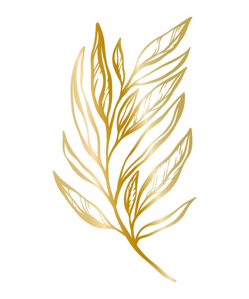 Botanical golden illustration of a leaves branch for wedding invitation and cards, logo design, web, social media and posters template. Elegant minimal style floral vector isolated