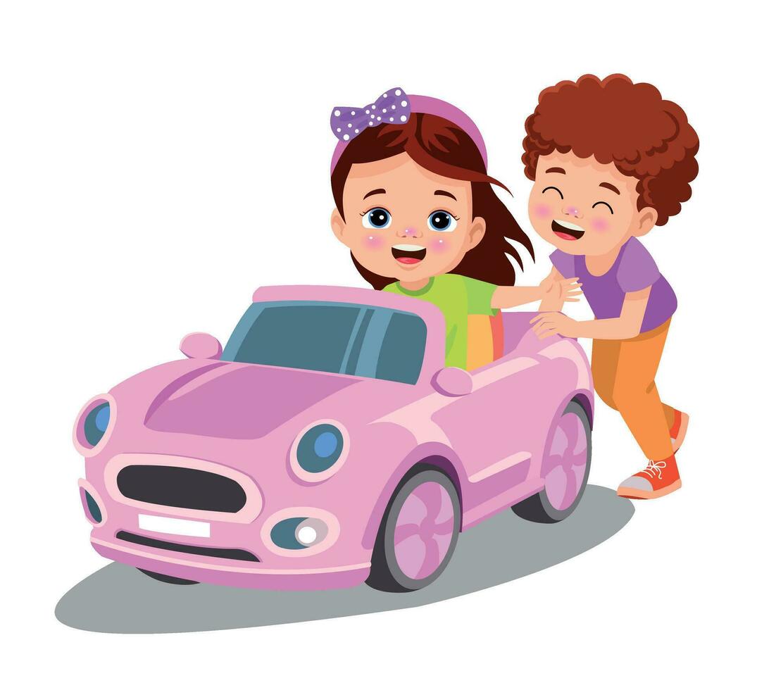 Cute girl driving a toy electric car vector cartoon illustration isolated on white background