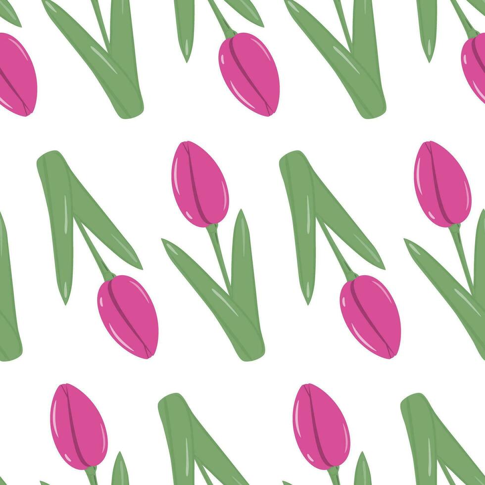 Abstract seamless pattern of colorful blooming bright pink tulips in trendy shades. Hello spring vector