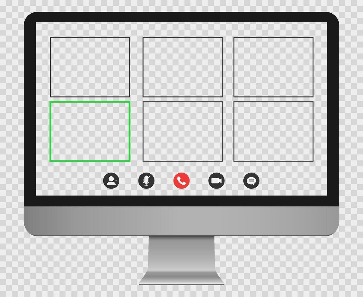 Desktop computer mockup with online video call template. PC desktop mockup. Group conference screen. Online education. vector