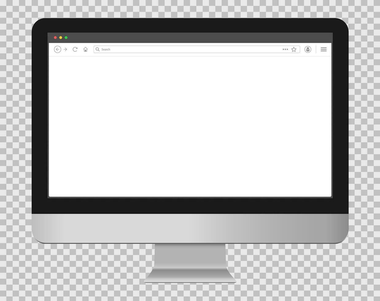 Desktop computer with browser. Website page on screen. Editable browser window on monitor display. Isolated blank site page. Vector EPS 10.