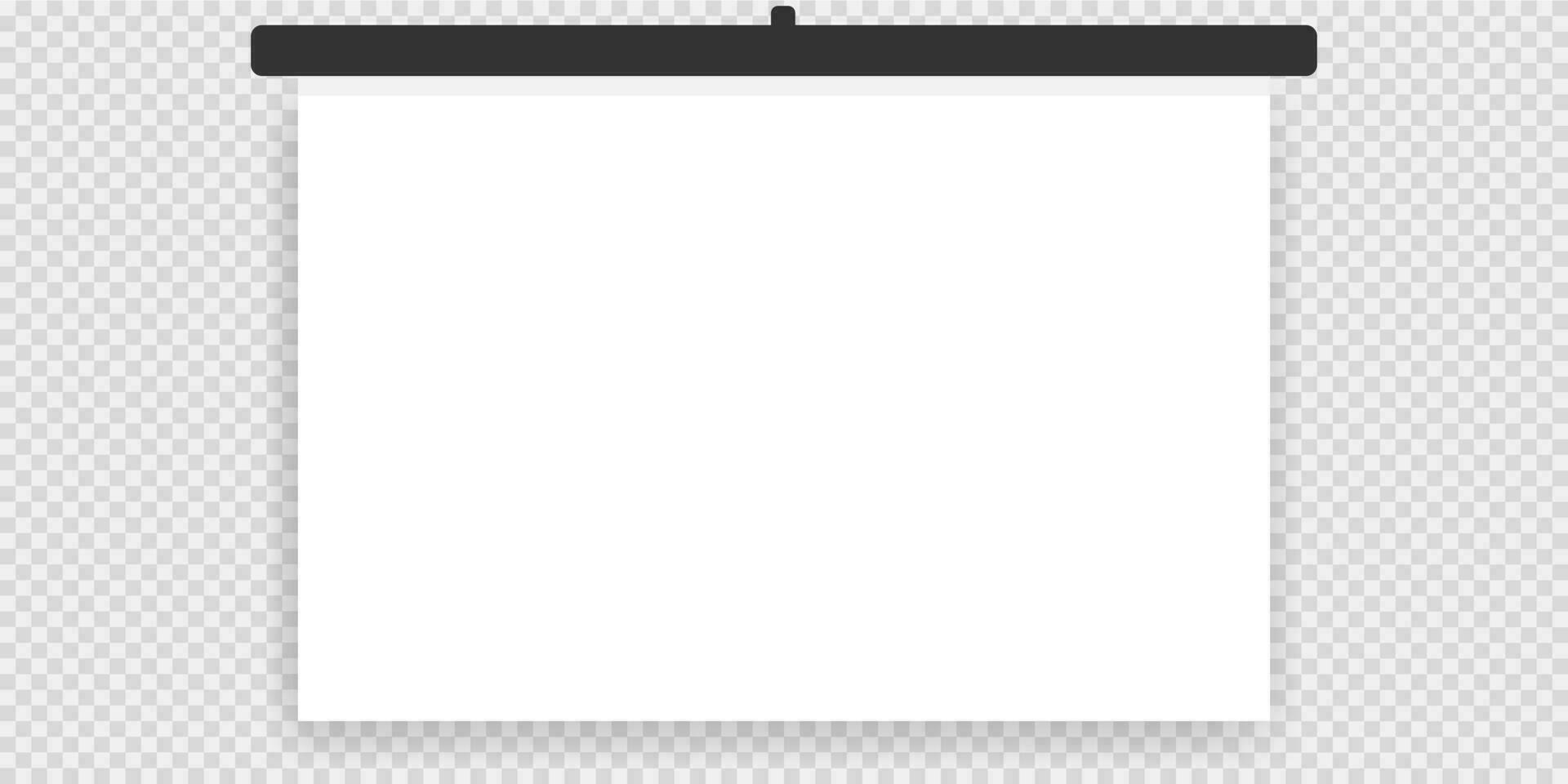 Screen projector. Hanging presentation blank board. Isolated whiteboard. Education screen projector with shadow. Vector EPS 10.
