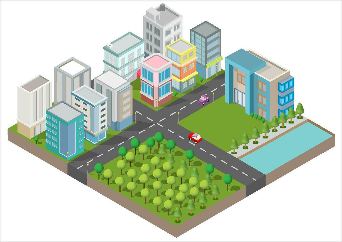 isométrica edificio vector.ellos son en yarda con la carretera y árboles.inteligente ciudad y público parque.edificio 3d,coches,capital , vector oficina y metrópoli concepto.