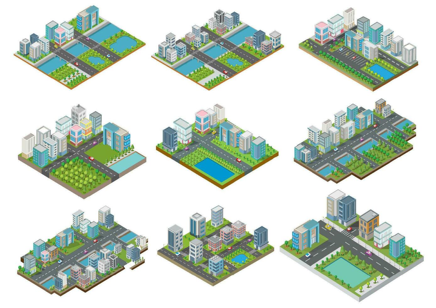 conjunto isométrica edificio vector y pueblo.ellos son en patio, río con coche y construcción de carreteras 3d, inteligente ciudad, vector oficina y pueblo Departamento concepto.