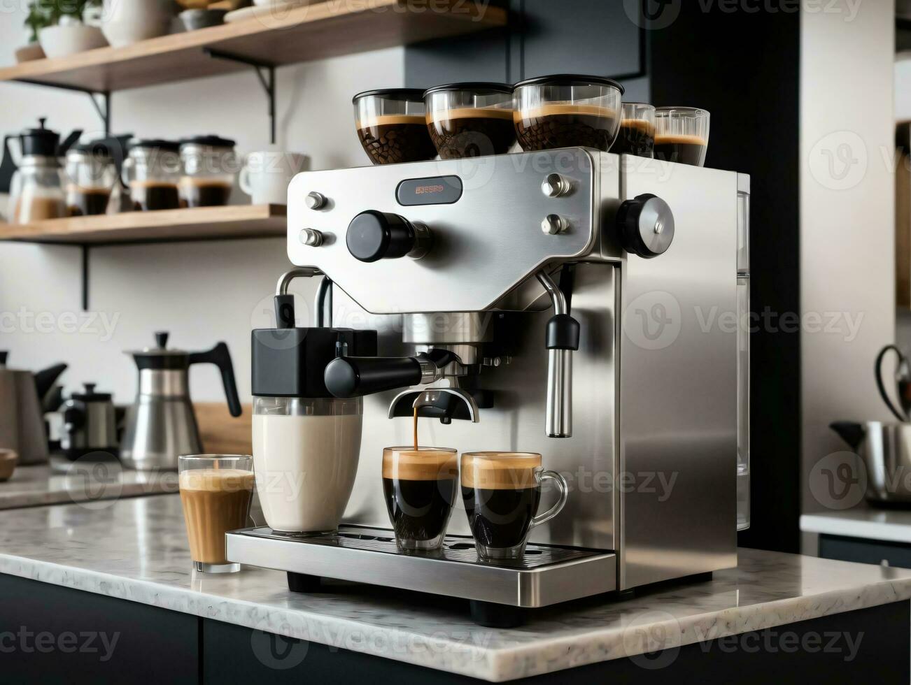 un inoxidable acero Café exprés máquina sentado en parte superior de un encimera. ai generado foto