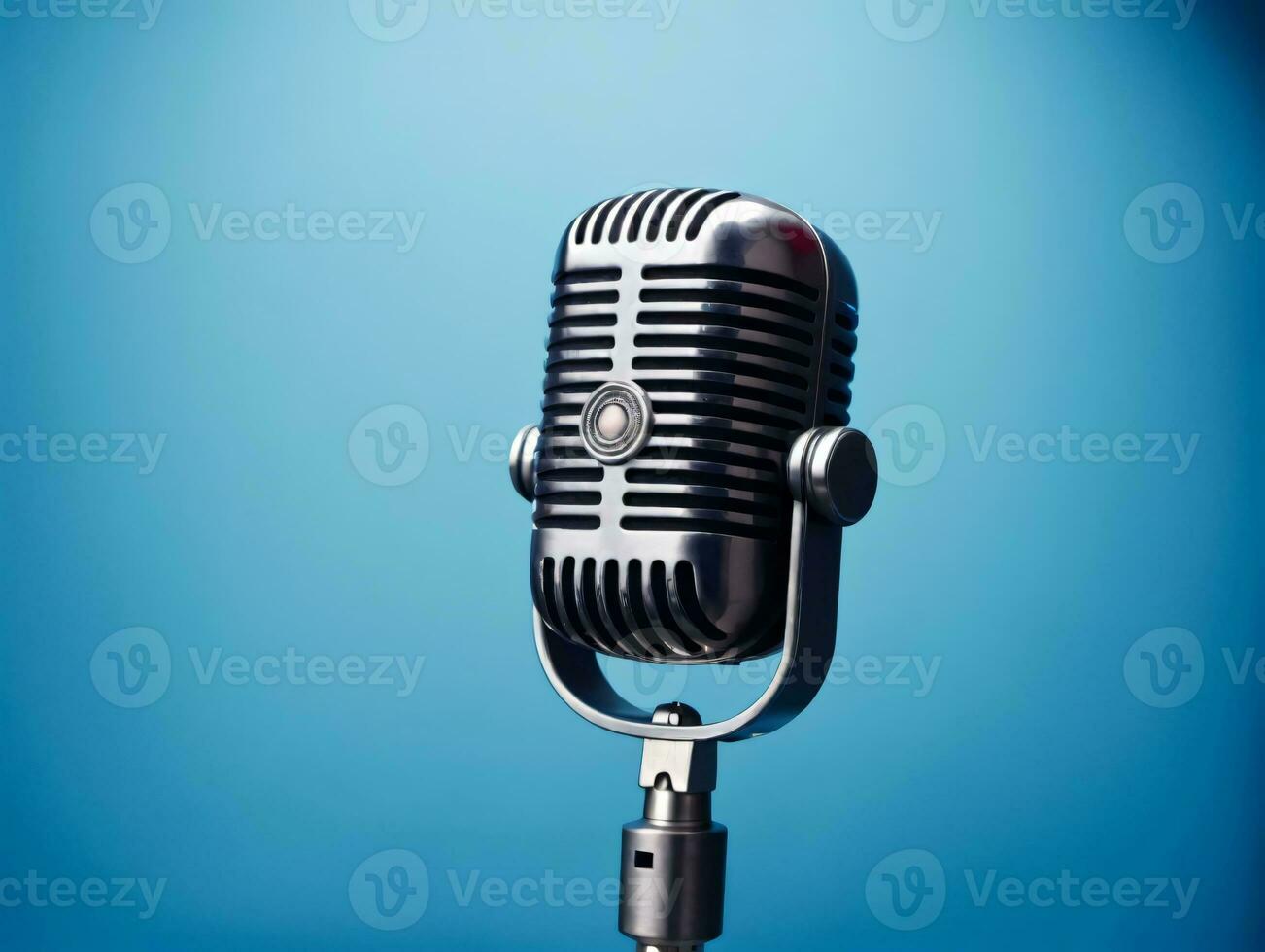 An Old Fashioned Microphone On A Stand Against A Blue Background. AI Generated photo