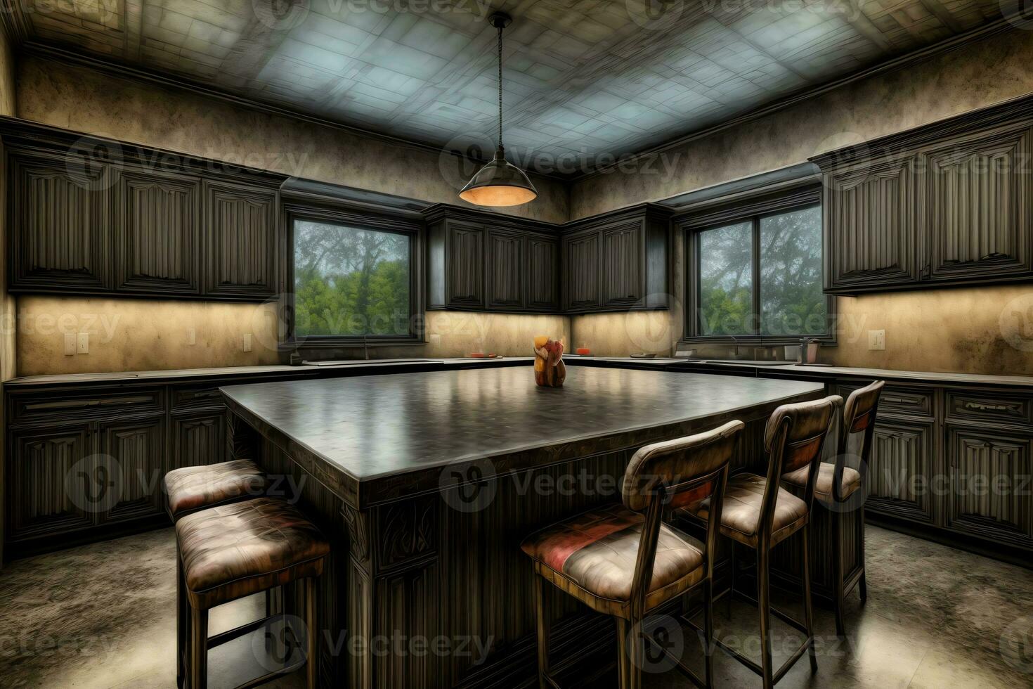 A Large Kitchen With A Center Island And Bar Stools. AI Generated photo
