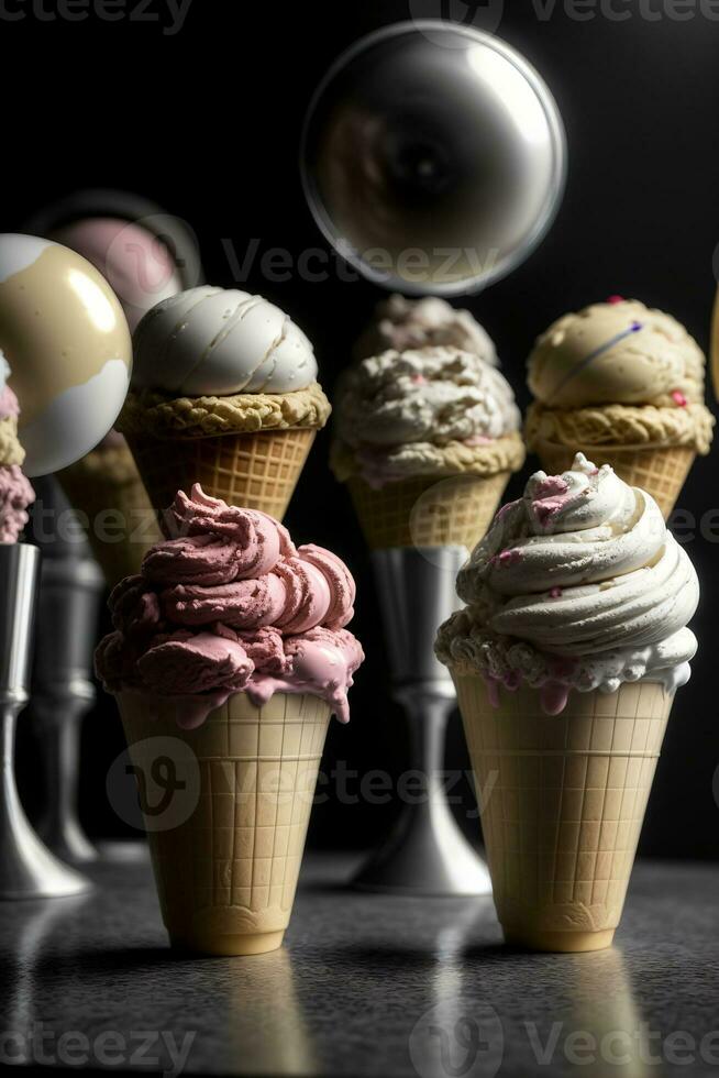 A Group Of Ice Cream Cones Sitting On Top Of A Table. AI Generated photo