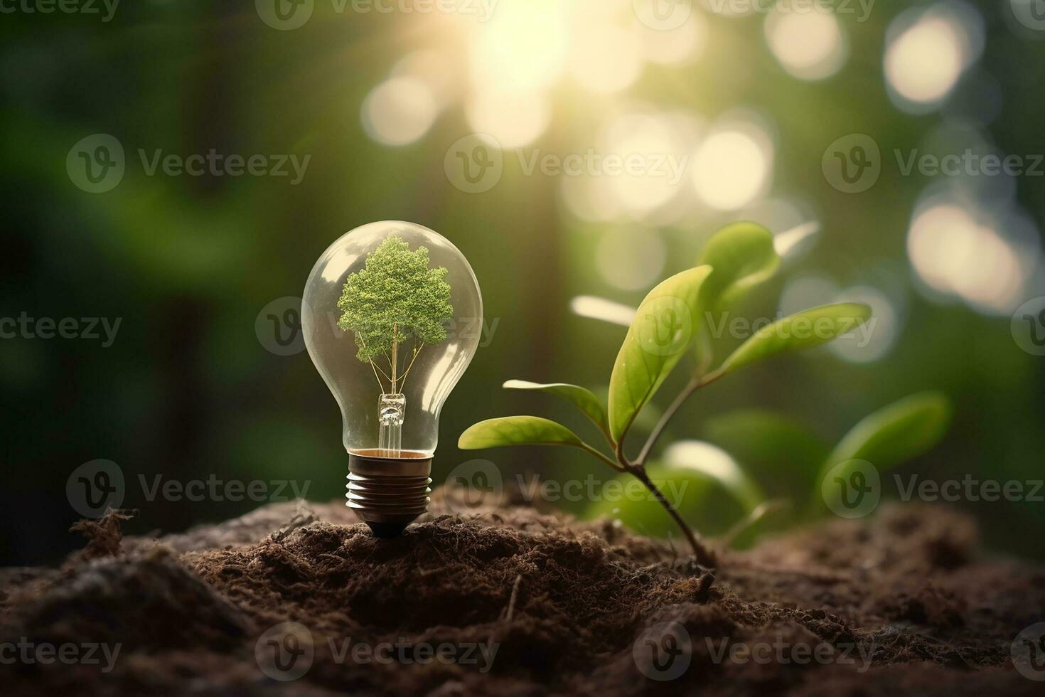 Electric light bulb with a tree inside. The idea of renewable energy sources and energy conservation. The concept of environmental conservation and global warming. Earth Day.  AI generated photo
