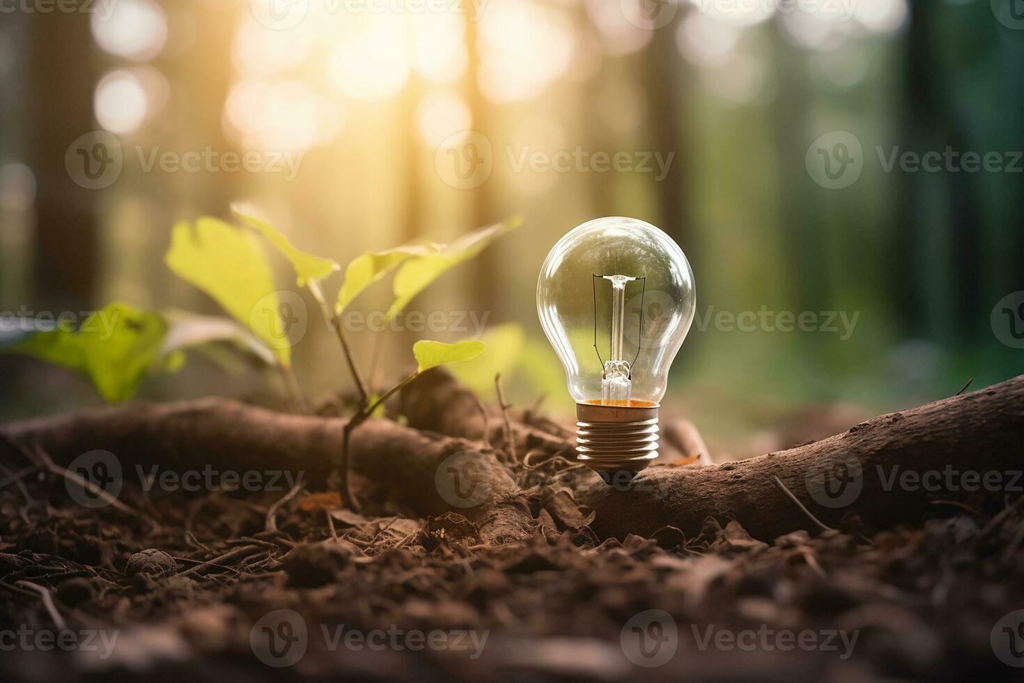 An electric light bulb growing in the forest. The idea of renewable energy sources and energy conservation. The concept of environmental conservation and global warming. Earth Day.  AI generated photo
