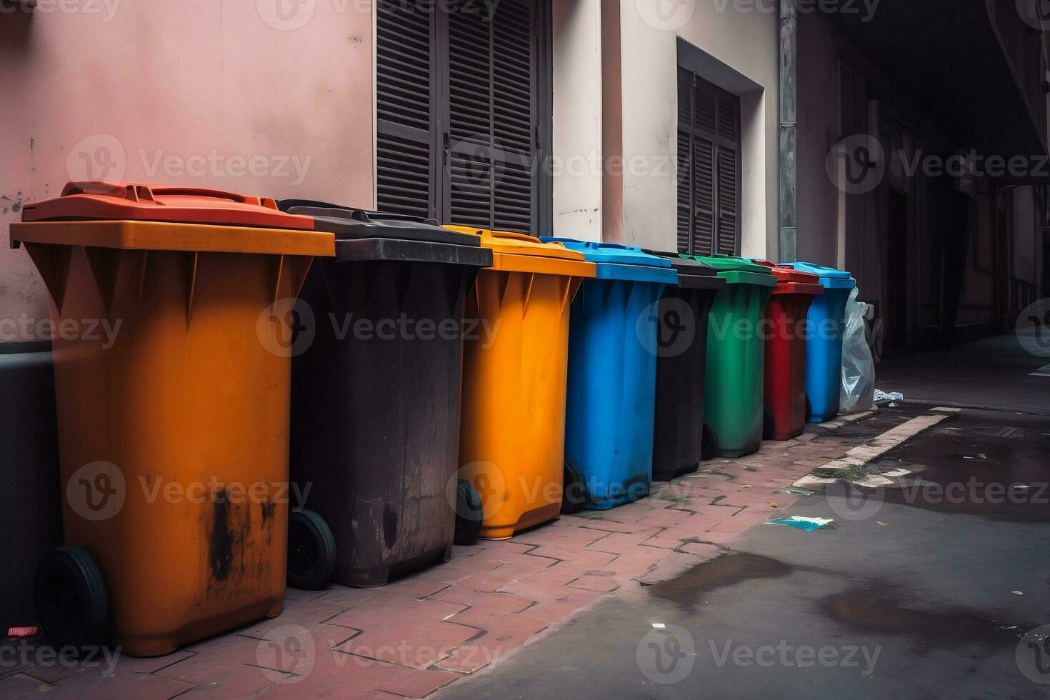 basura el plastico contenedores en el ciudad calle, basura poder. ecológico concepto. clasificación basura. ai generado ilustración. foto