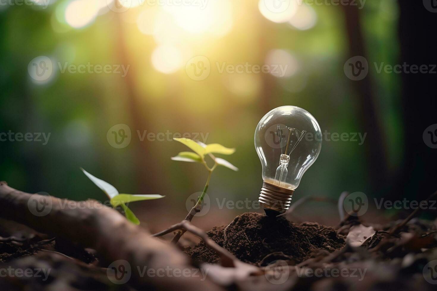 An electric light bulb growing in the forest. The idea of renewable energy sources and energy conservation. The concept of environmental conservation and global warming. Earth Day.  AI generated photo