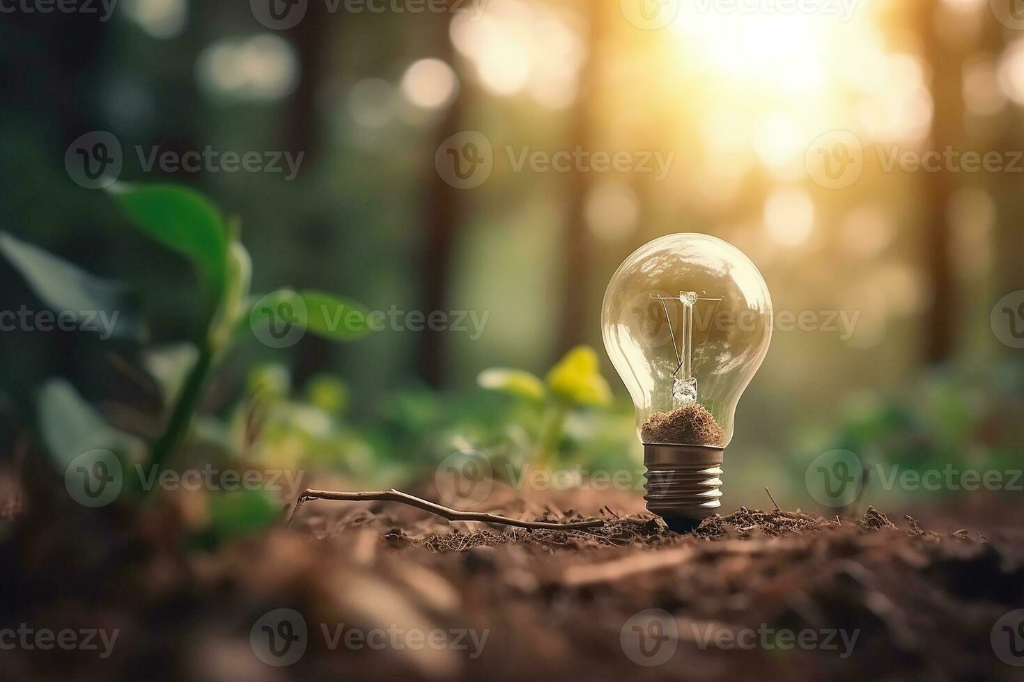 An electric light bulb growing in the forest. The idea of renewable energy sources and energy conservation. The concept of environmental conservation and global warming. Earth Day.  AI generated photo