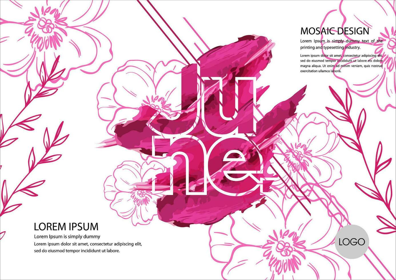 junio calendario con rosado flores y texto vector