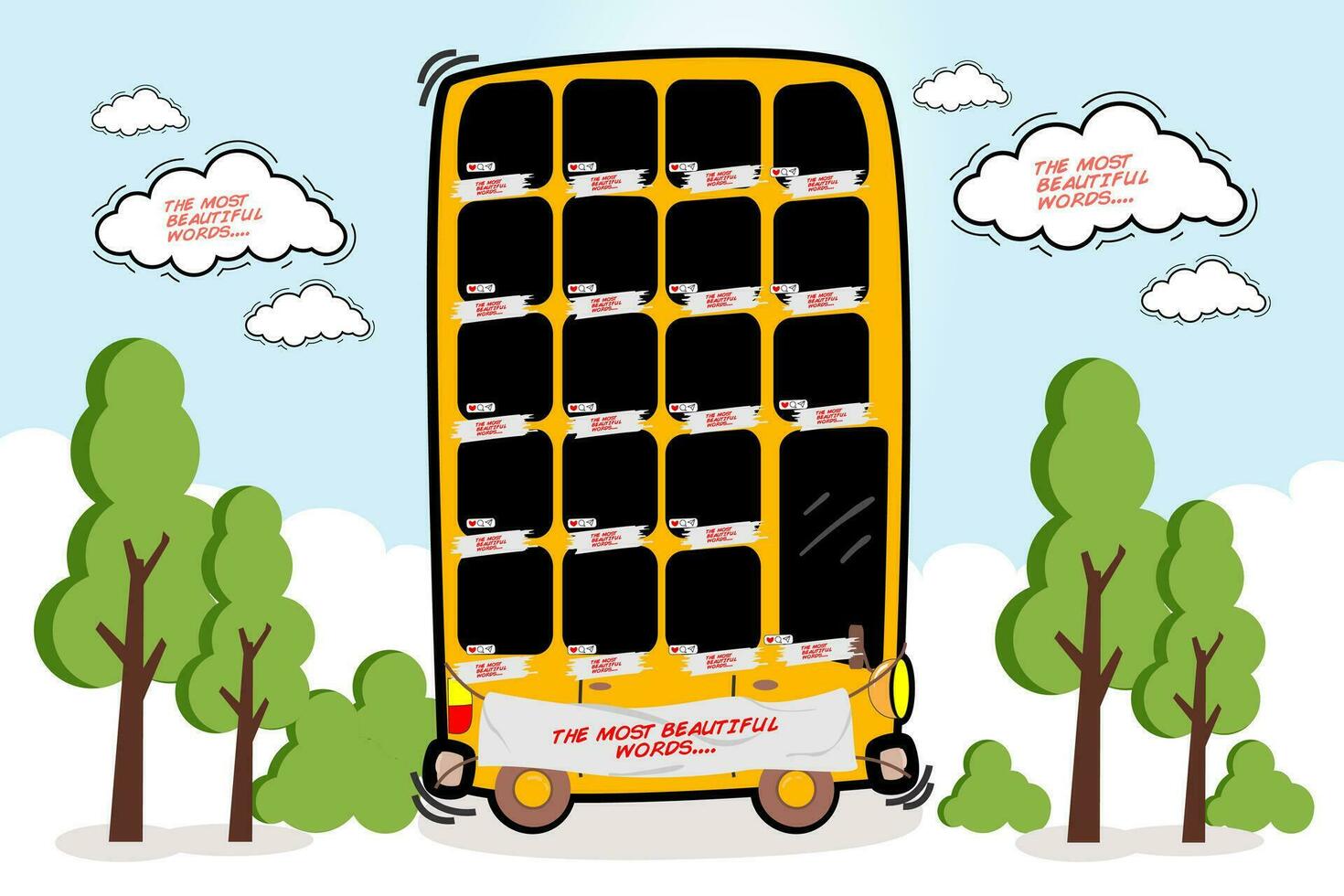 a cartoon bus with a lot of windows and a lot of people inside, photo frame set school, kids, fun, cheerful, vector