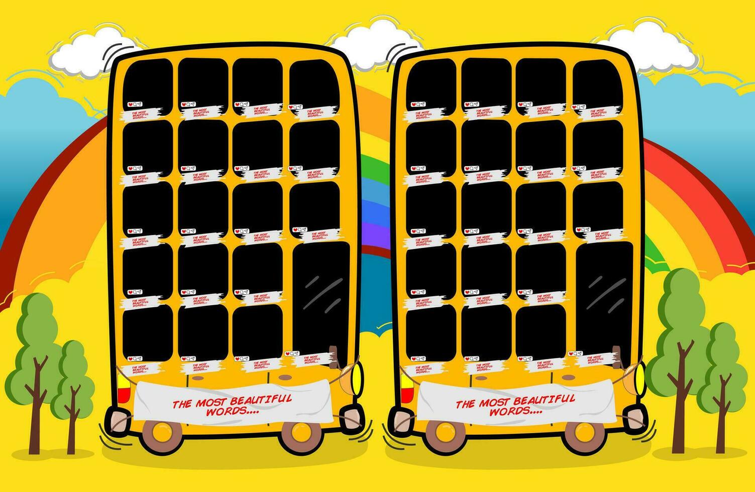 dos amarillo colegio autobuses con un arco iris en el fondo, foto marco conjunto escuela, niños, divertido, alegre vector