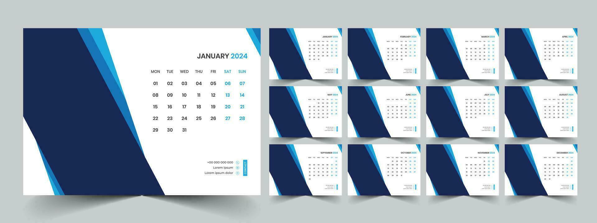 Calendar 2024 planner corporate template design set. Week starts on Monday. template for annual calendar 2024 vector