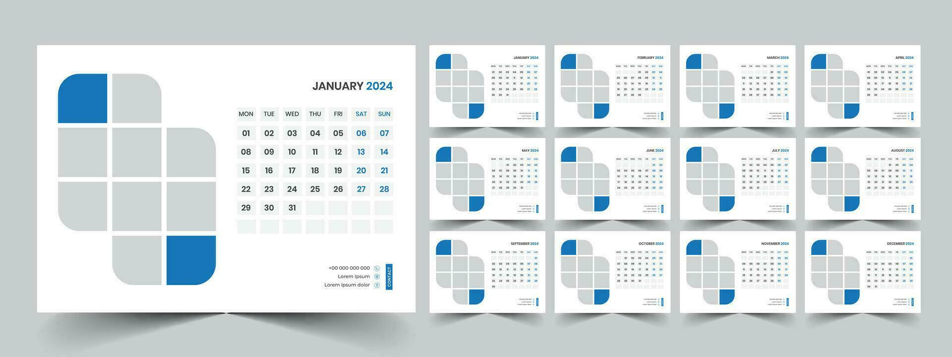 Calendar 2024 planner corporate template design set. Week starts on Monday. template for annual calendar 2024 vector