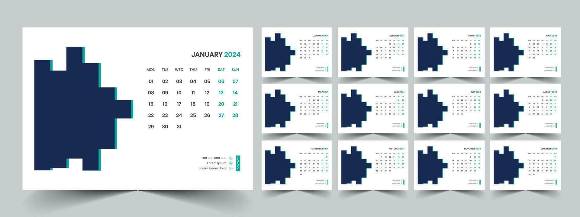 Calendar 2024 planner corporate template design set. Week starts on Monday. template for annual calendar 2024 vector