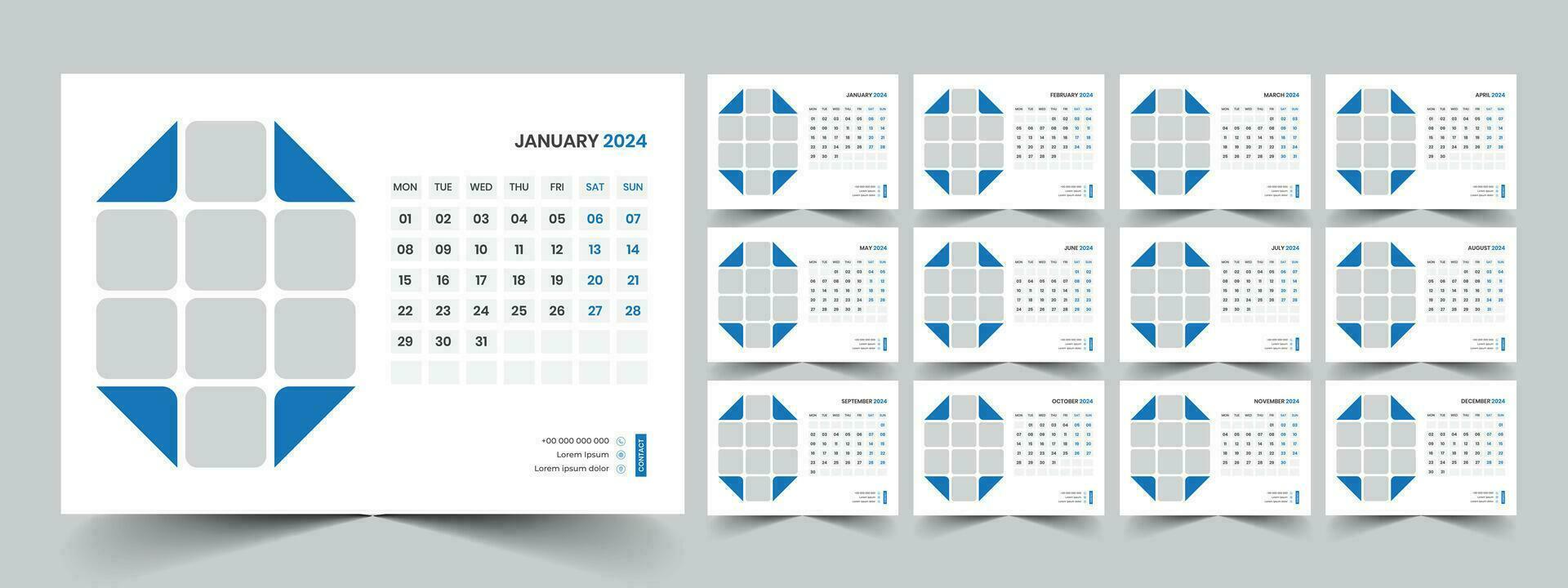 Calendar 2024 planner corporate template design set. Week starts on Monday. template for annual calendar 2024 vector