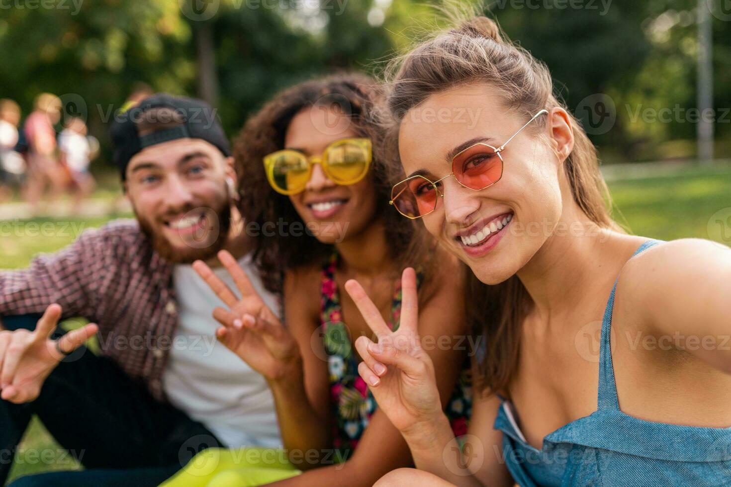 happy young company of talking smiling friends sitting park photo