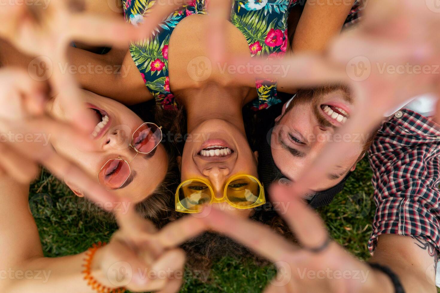 happy young company of talking smiling friends sitting park photo