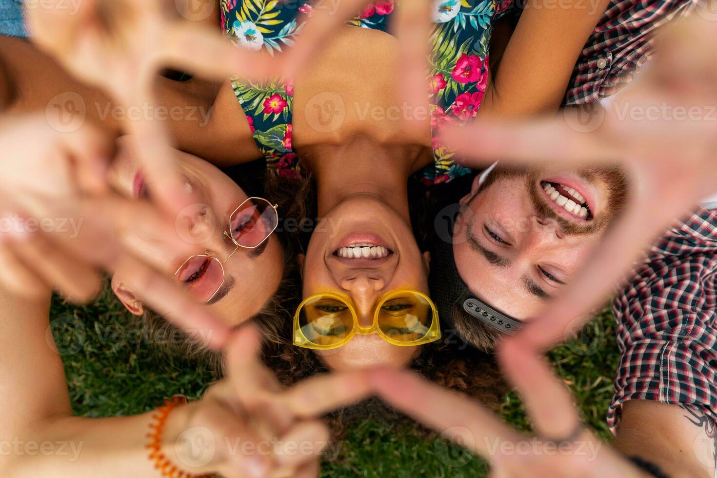 happy young company of talking smiling friends sitting park photo