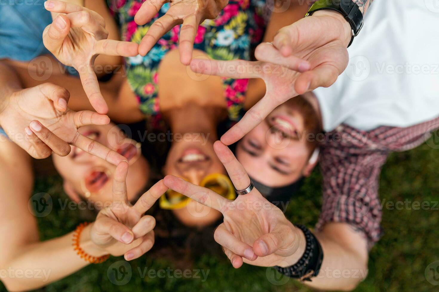 happy young company of friends sitting park photo