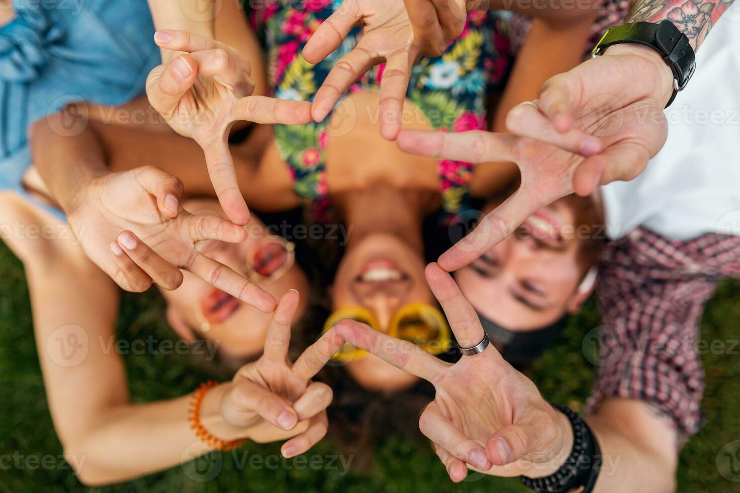 happy young company of friends sitting park photo