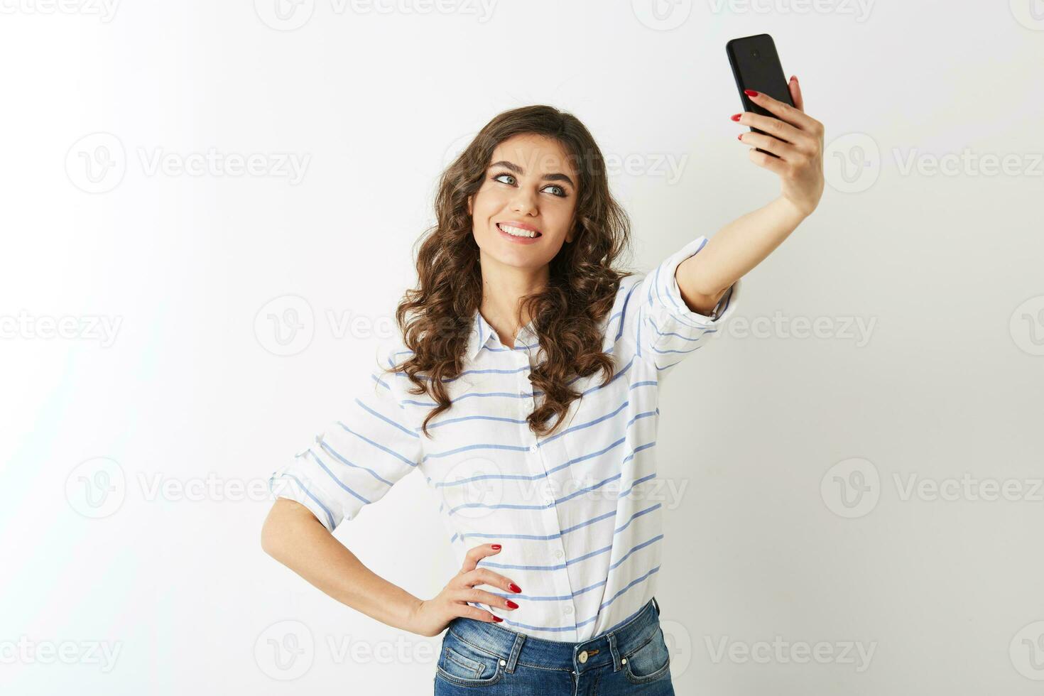 beautiful woman making selfie photo on mobile phone, smiling, islolated,