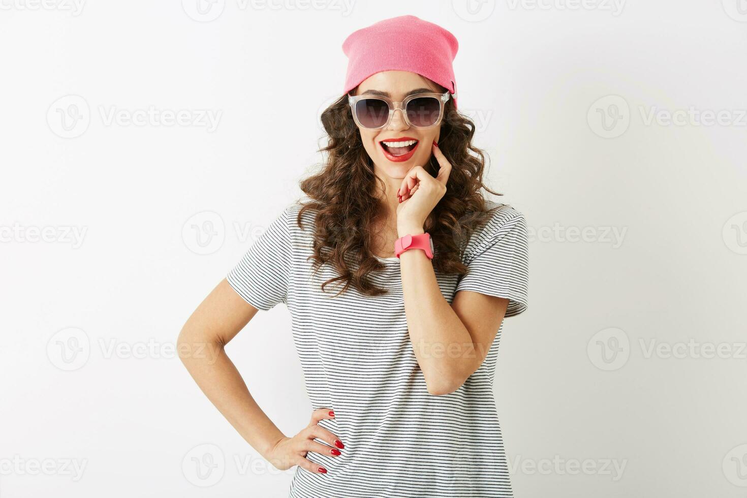 close up portrait of hipster pretty woman in pink hat, sunglasses, smiling, happy mood, isolated, modern youth, fashion trend accessories photo