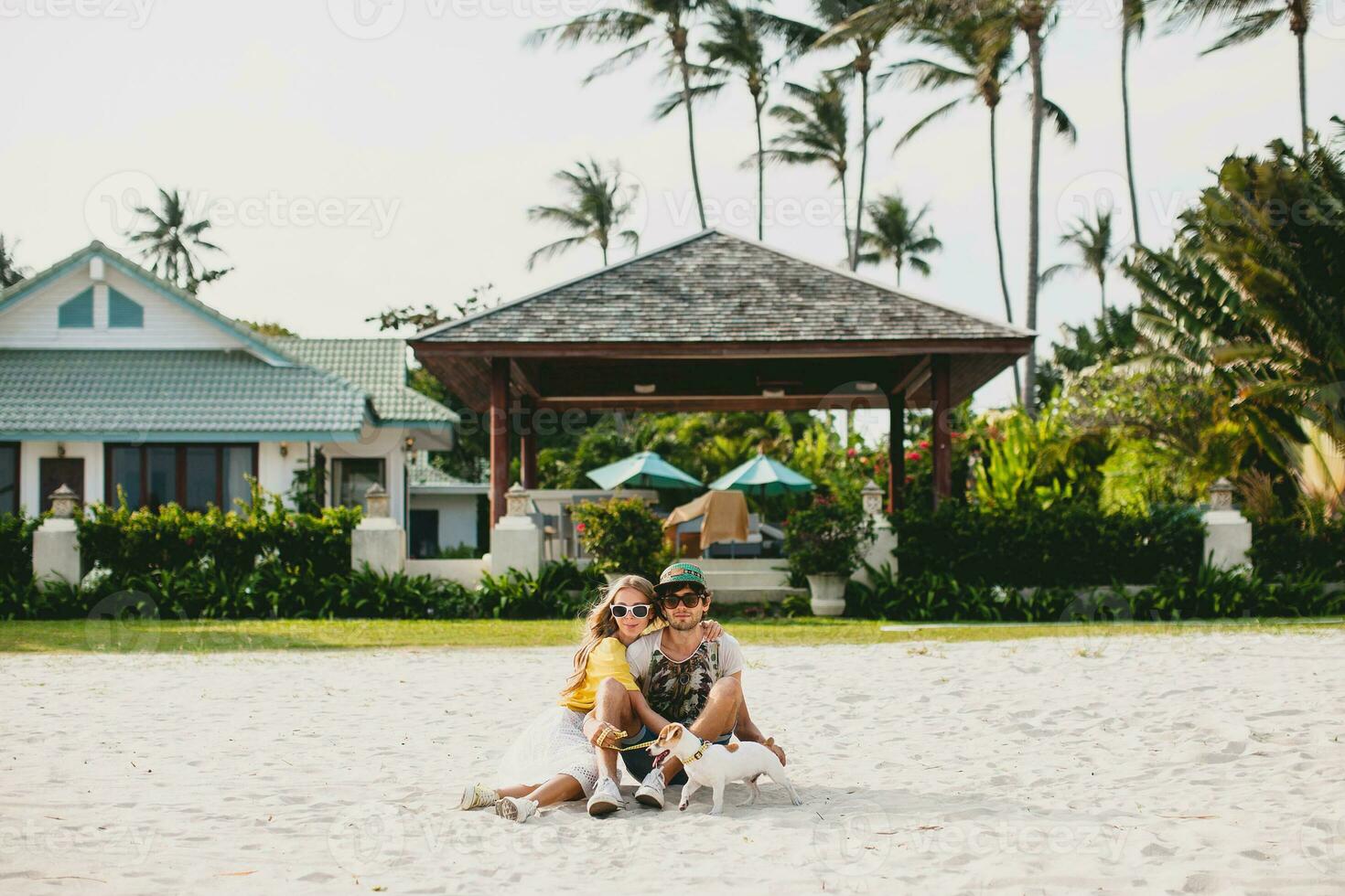 young stylish hipster couple in love playing dog photo