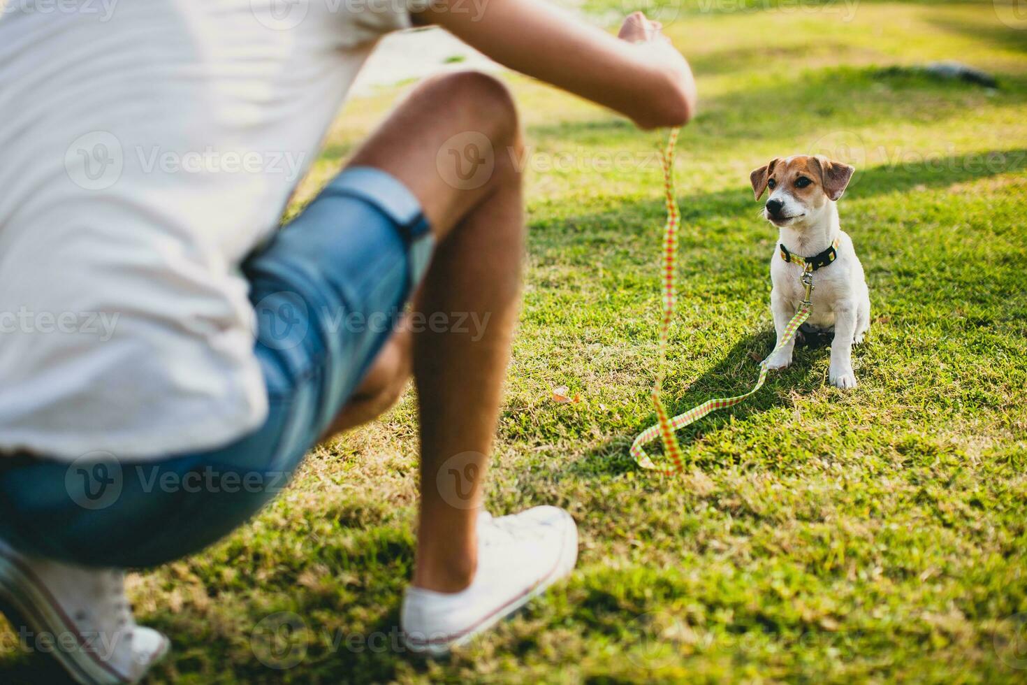 young stylish hipster man walking playing dog puppy jack russell photo