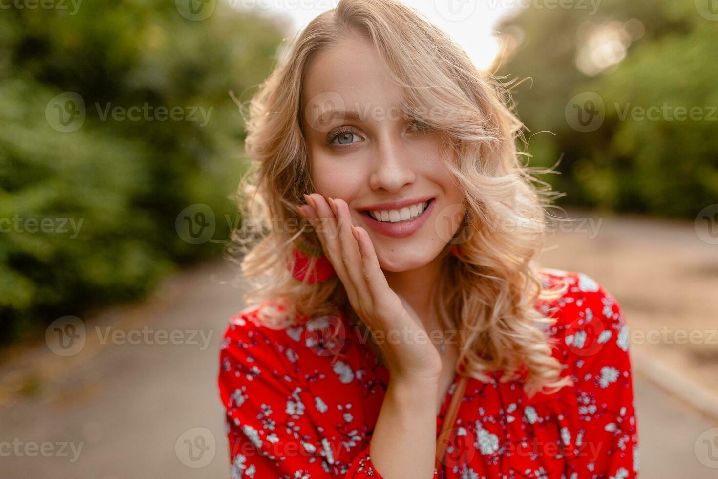 attractive stylish blond smiling woman in straw red blouse summer fashion photo